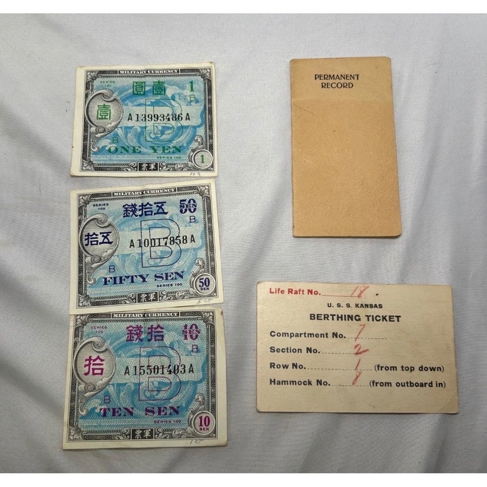 WWII Japanese Military Currency Series 100 & USS Kansas Berthing Ticket Lot